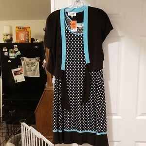 Black and Blue Polka Dot Dress with Cardigan